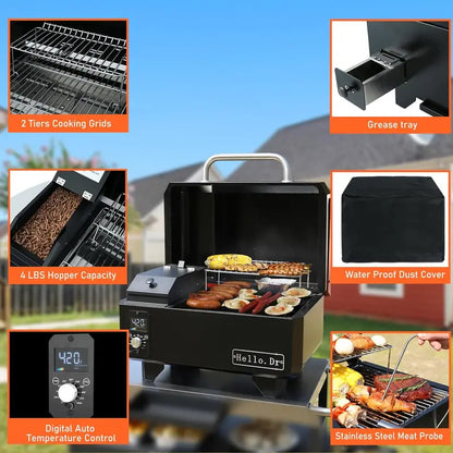 Portable 8-in-1 Electric Pellet Grill — Compact Tabletop BBQ with Steam Tech, Ideal for RVs, Camping & Tailgating