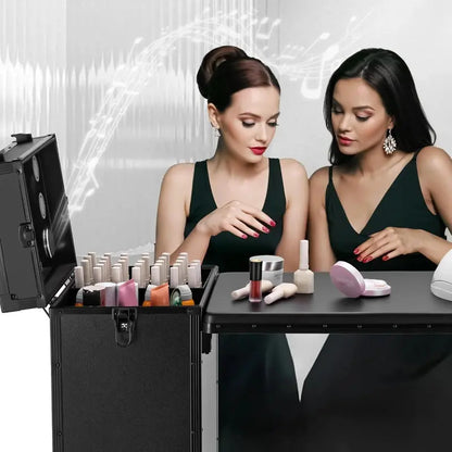 Rolling Manicure Station  LED Mirror, Built-in Bluetooth Speaker, Secure TSA Lock, and Storage Drawers