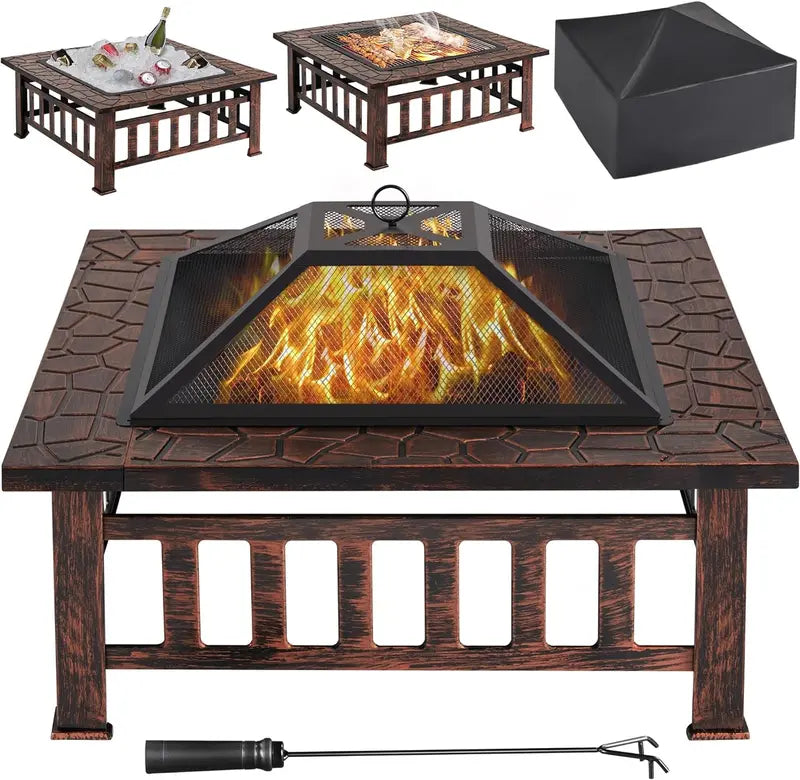 Yaheetech 32-Inch Square Fire Pit Table  Multifunctional Outdoor Heating Unit for Patios, Gardens, Camping & Picnics