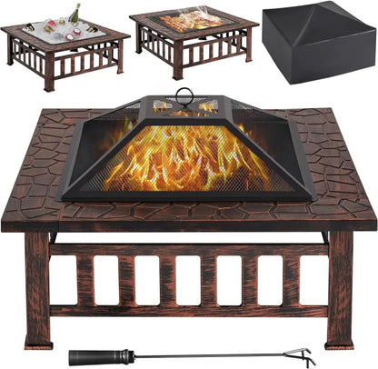 Yaheetech 32-Inch Square Fire Pit Table  Multifunctional Outdoor Heating Unit for Patios, Gardens, Camping & Picnics