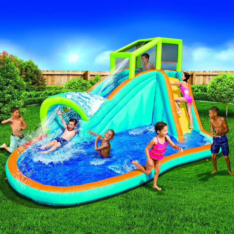 Banzai Inflatable Water Slide & Pool Combo  14′ L x 8′ H Backyard Splash Pad with Sprinkler Wave, Water Wall & Reinforced PVC Construction