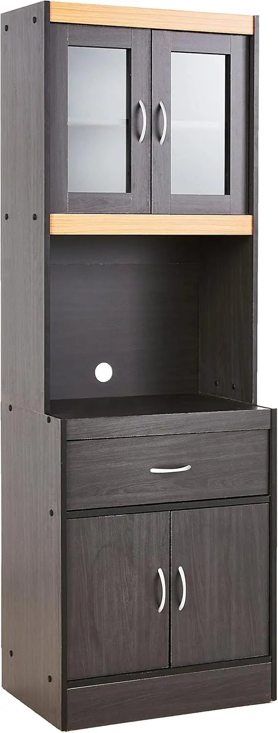 Cherry-Finished Standing Kitchen Cabinet with Enclosed Top and Bottom Storage, Single Drawer, and Dedicated Microwave Zone