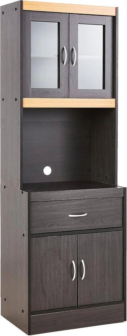 Cherry-Finished Standing Kitchen Cabinet with Enclosed Top and Bottom Storage, Single Drawer, and Dedicated Microwave Zone
