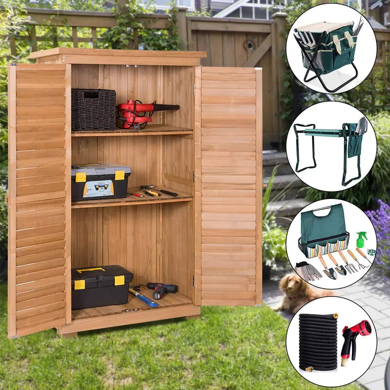Wooden Outdoor Storage Shed  Rustic Fir Wood Garden Locker with Lockable Shutter Design