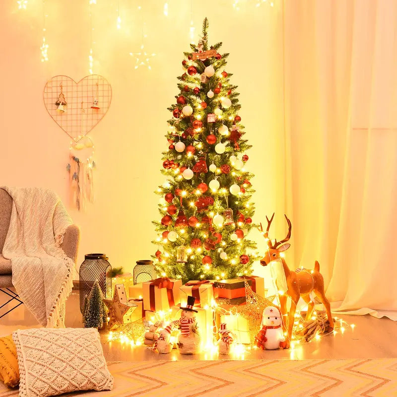 6-Foot Pre-Lit Hinged Fir Pencil Christmas Tree with 250 Warm White LED Lights