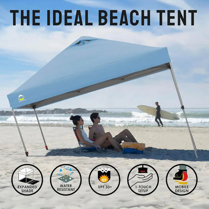 10×10 One-Touch Pop-Up Awning  Beach Sunshade Tent with Silver-Coated Canopy, 3 Height Adjustments & 4 Sand Pockets