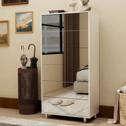 Mirror-Front Shoe Cabinet with Six Flip-Down Drawers  Space-Saving Organizer on Four Sturdy Metal Legs