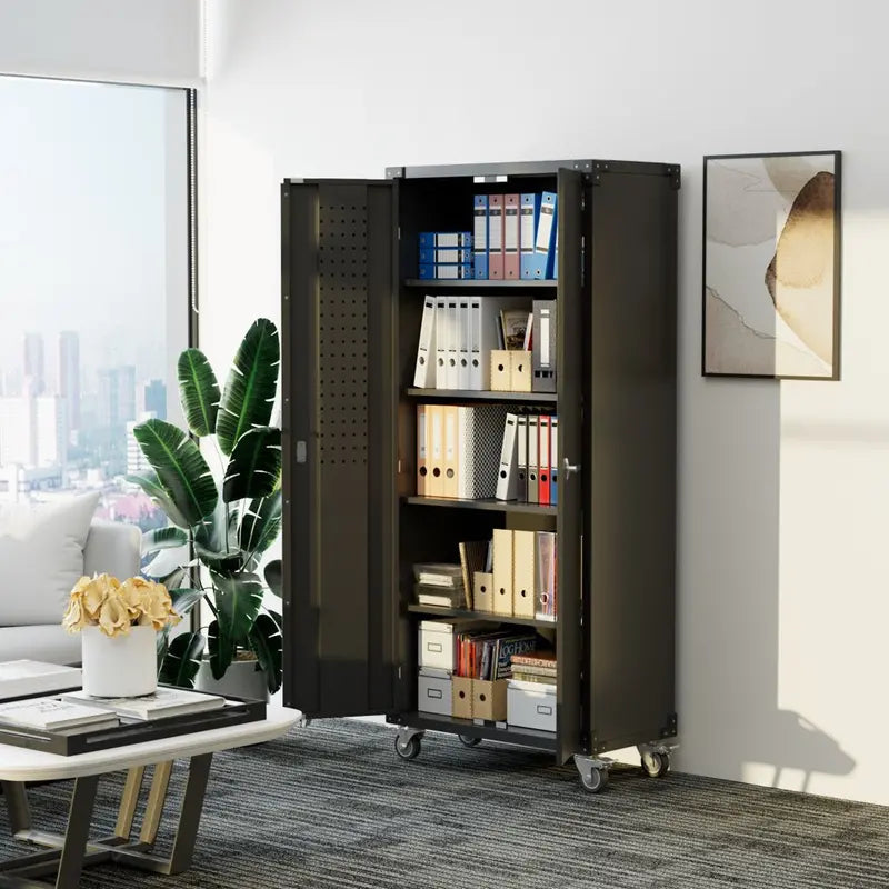 GangMei 72 in Metal Garage Storage Cabinet with Wheels and Pegboard, Black Tall Rolling Tool Cabinet with 4 Adjustable Shelves