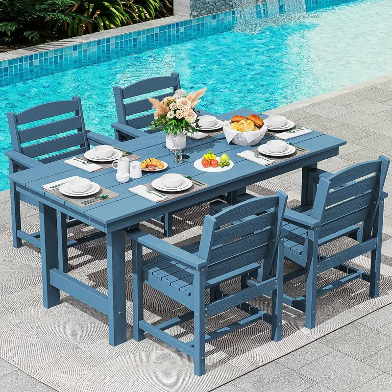 SERWALL 7-Piece Blue HDPE Outdoor Dining Set with Umbrella Hole and Stackable Chairs