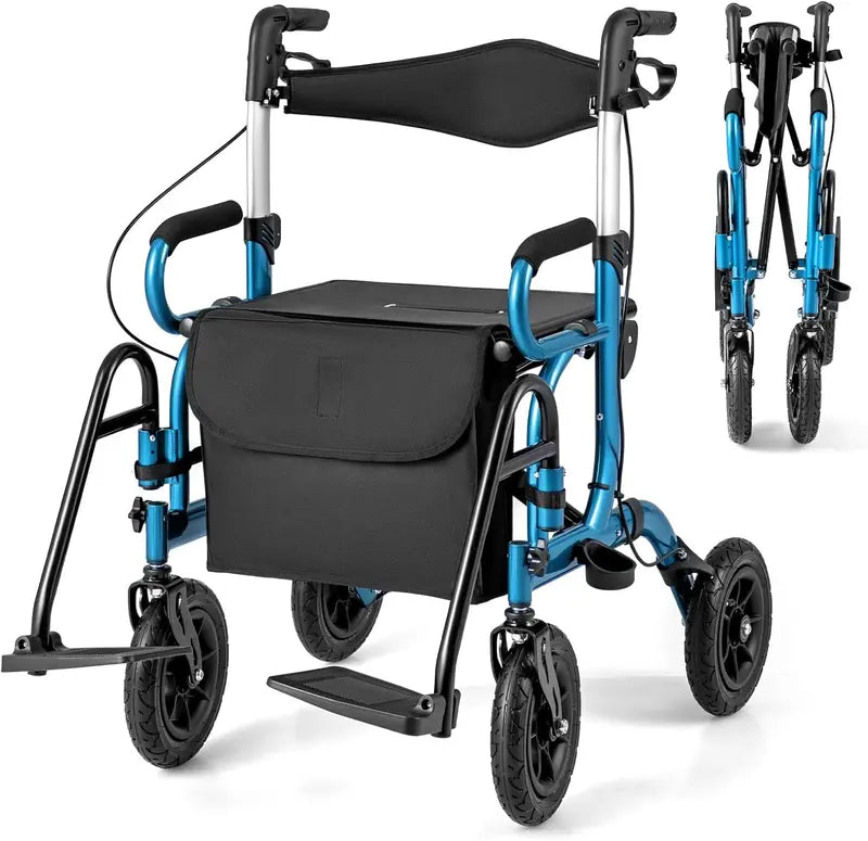 Convertible Rollator Walker and Transport Wheelchair  Foldable Dual-Function Mobility Aid with Locking Brakes