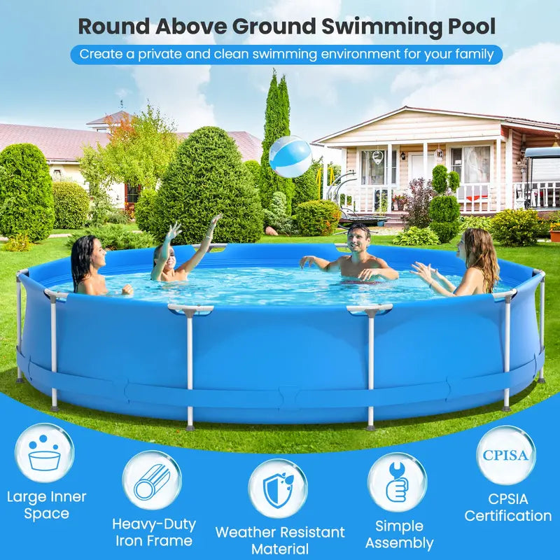 12-Foot Round Steel Frame Swimming Pool  Above-Ground Backyard Pool (30″ Depth)