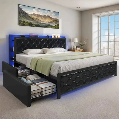 Moasis Queen Upholstered Platform Bed Frame  LED-Lit Modern Bed with Solid Support Base