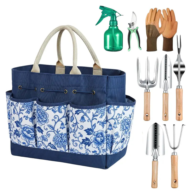 9-Piece Floral Garden Tool Set with Carry Tote and Ergonomic Hand Tools