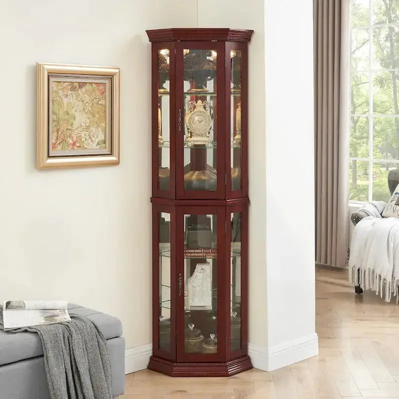 Corner Curio Cabinet with LED Lighting  Tempered Glass Shelves and Mirrored Back Display Unit