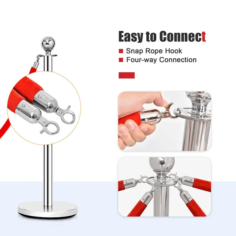 6-Piece Stainless Steel Queue Management Set  Polished Round-Top Stanchions with Retractable Belts