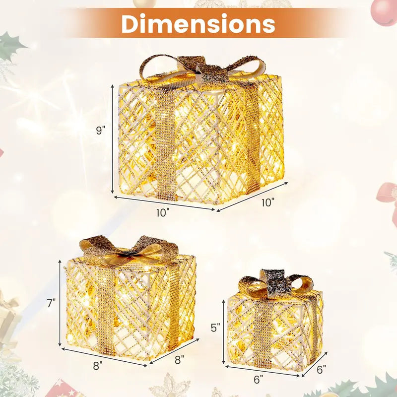 Set of Three Lighted Gift Box Ornaments ¡ª 90 LEDs Total, Festive Bow Accents for Indoor or Outdoor Use