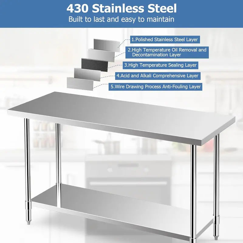 60-Inch Stainless Steel Rolling Kitchen Prep Table with Height-Adjustable Under-Shelf