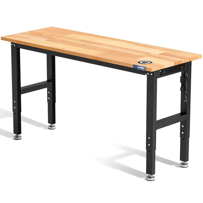 WORKPRO 60″ x 24″ Adjustable Workbench  1500-LB Capacity, Hardwood Top, Power Outlets