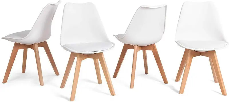 Set of Four Mid-Century Modern Armless Dining Chairs: Padded Seats, Wood Legs, and Clean White Finish for Kitchens and Waiting Areas