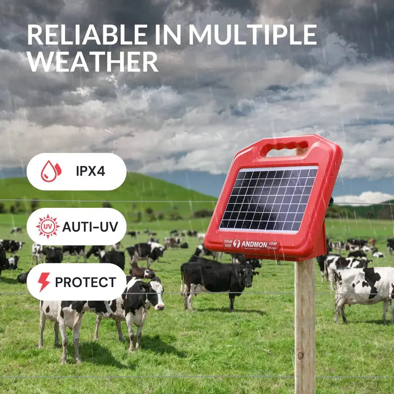 ANDMON Solar-Powered Fence Charger with Dual Input and 30-Mile Range