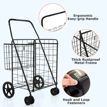 Heavy-Duty Folding Grocery Cart  330-LB Capacity, Dual Baskets, and 360° Swivel Wheels