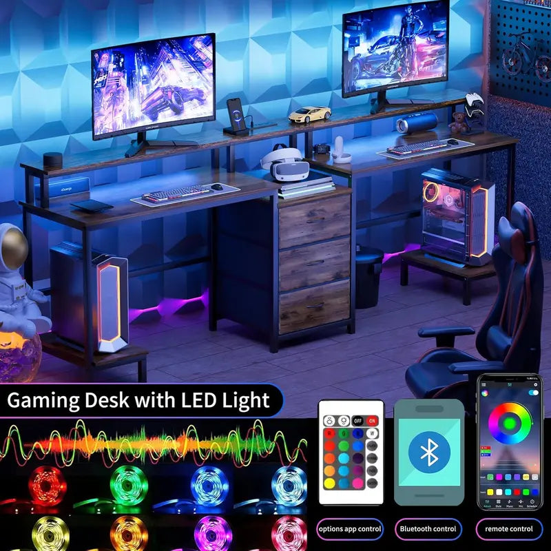 Dual-User LED Desk with Charging Station  Long Study Table Featuring Dual Monitor Riser, USB Ports, Outlets & Storage Drawers