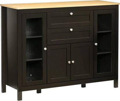 Oak-and-White Coffee Bar Sideboard — Glass-Door Cabinet with 2 Drawers, 3 Compartments & Adjustable Shelving