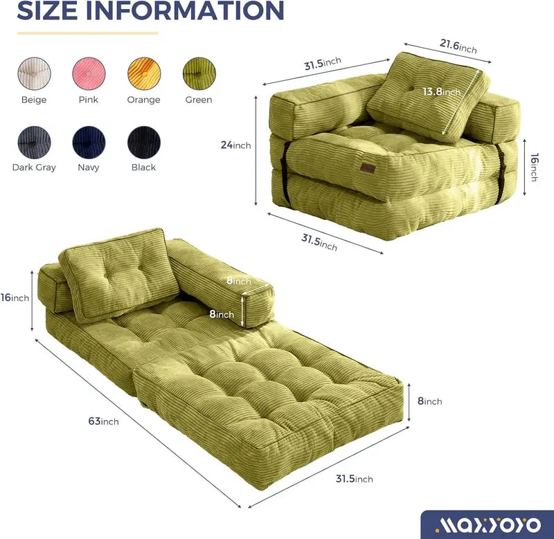 L-Shaped Folding Sofa Bed  Convertible Living Room Lounger with Armrests & Pillows
