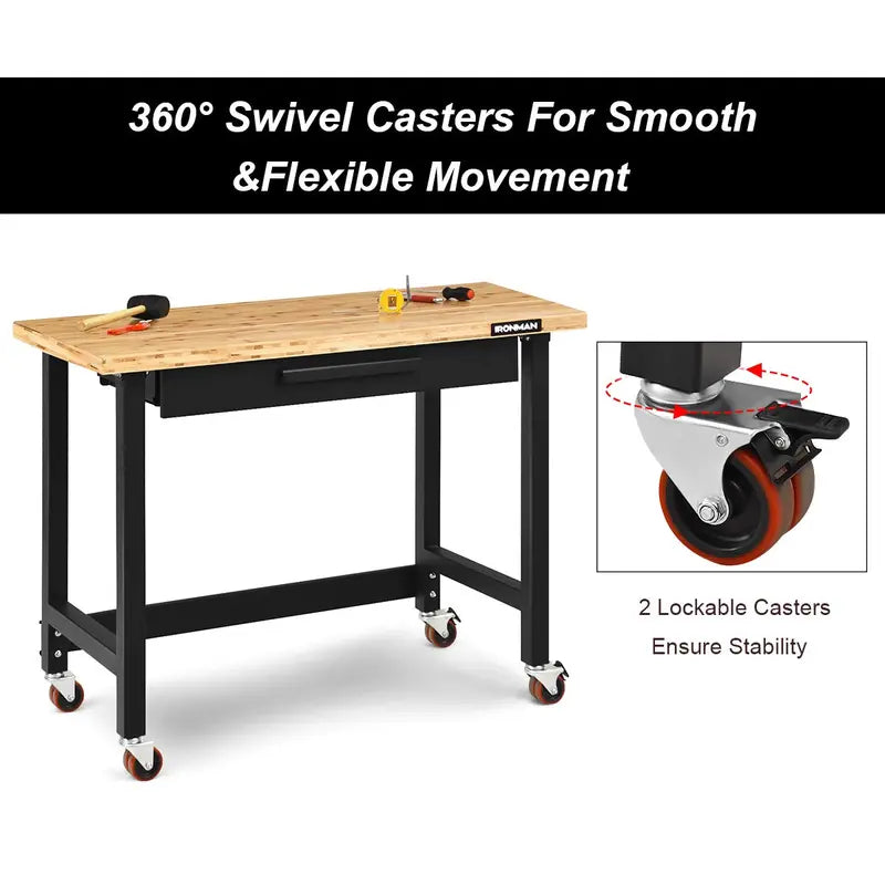 48-Inch Mobile Workbench  Heavy-Duty Rolling Workstation with Locking Casters
