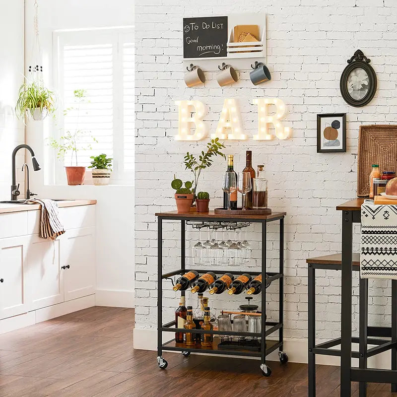 Bar Cart, Serving Cart, Industrial, Rustic Brown and Black