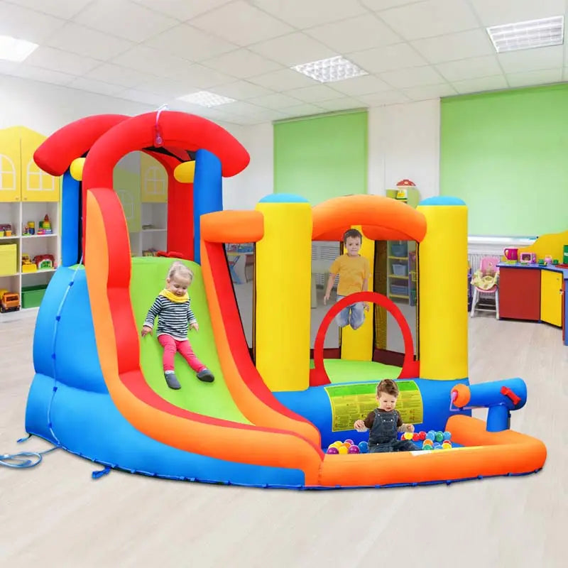 6-in-1 Inflatable Water Play Center  Slide, Bounce House, Trampoline & More with 740W Blower