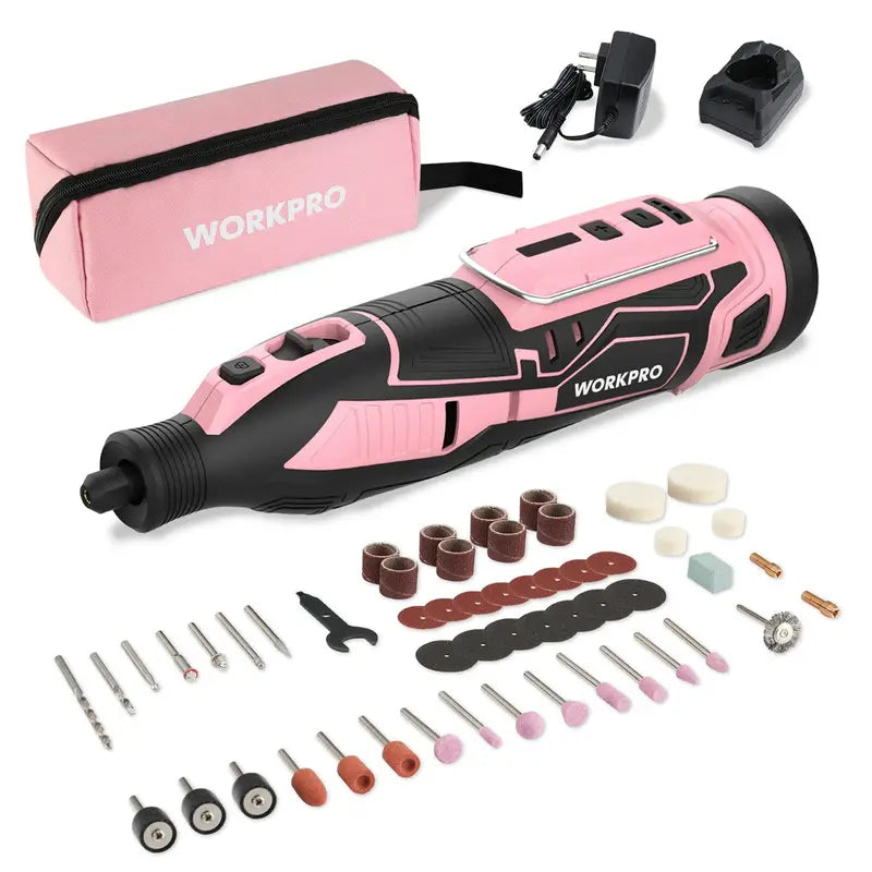 WORKPRO 12V Cordless Rotary Tool Kit  5-Speed Adjustable Mini Grinder with 114 Accessories and Pink Ribbon Packaging