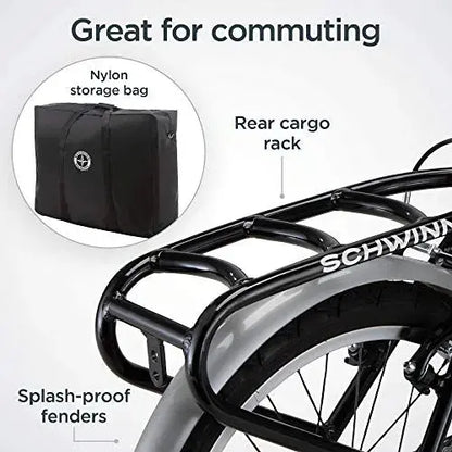 Schwinn Loop Folding Bike  7-Speed, 20″ Wheels, Step-Through Aluminum Frame, Rear Rack, Lightweight Commuter or Travel Option
