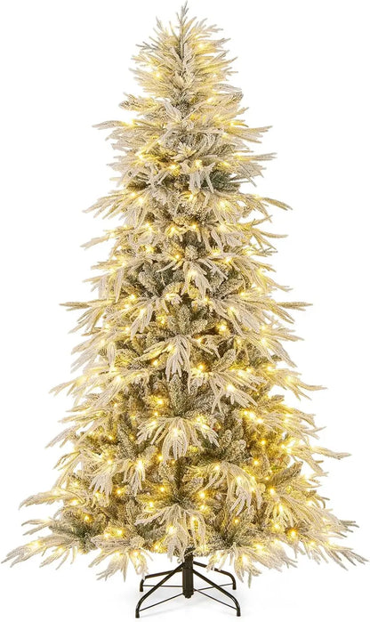 6- to 8-Foot Pre-Lit Snow-Flocked Artificial Christmas Tree Featuring PE and PVC Mixed-Tip Branches
