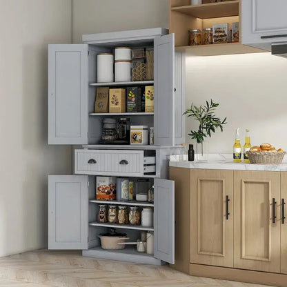 72-Inch Freestanding Pantry Cabinet  Traditional Style with Four Doors, Three Adjustable Shelves, and Spacious Center Drawer