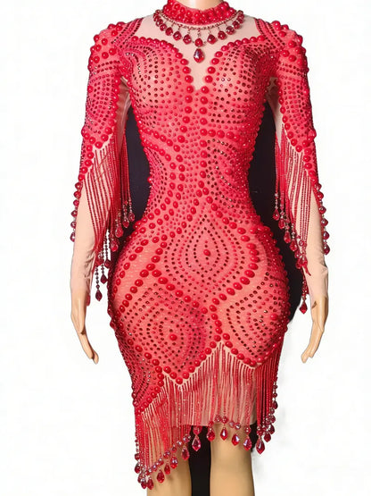 Red Beaded Mesh Bodycon Mini Dress with Long Sleeves and Fringed Accents