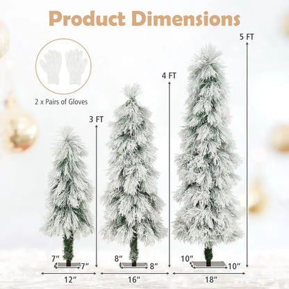 Holiday Tree Trio  Assorted 3’, 4’, and 5’ Snow-Flocked Pre-Lit Christmas Trees
