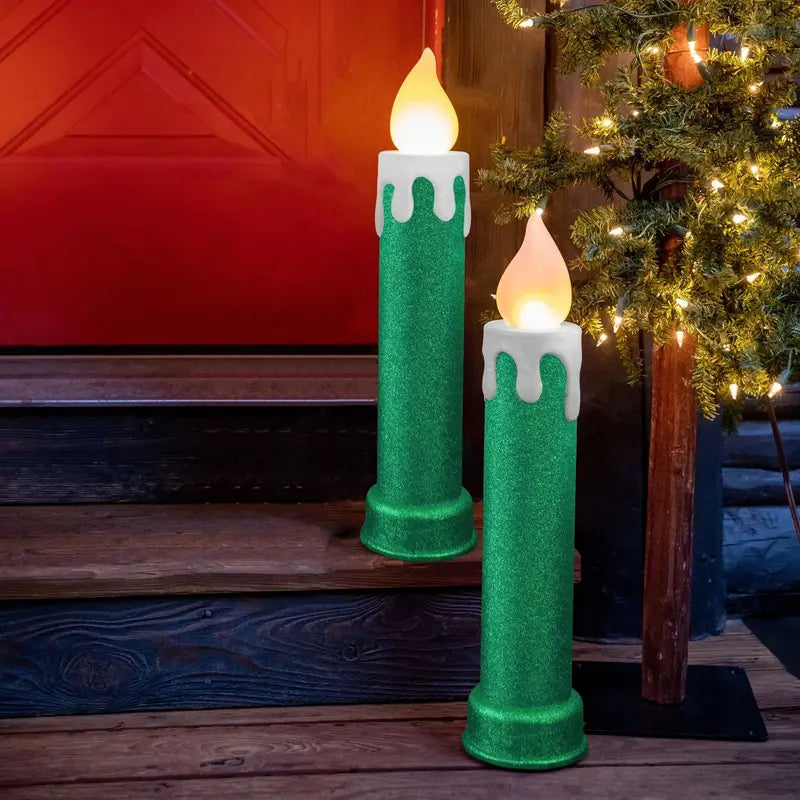 Mr. Christmas 24″ Green LED Flickering Flame Blow Mold Candles Set of 2  Indoor/Outdoor Decor