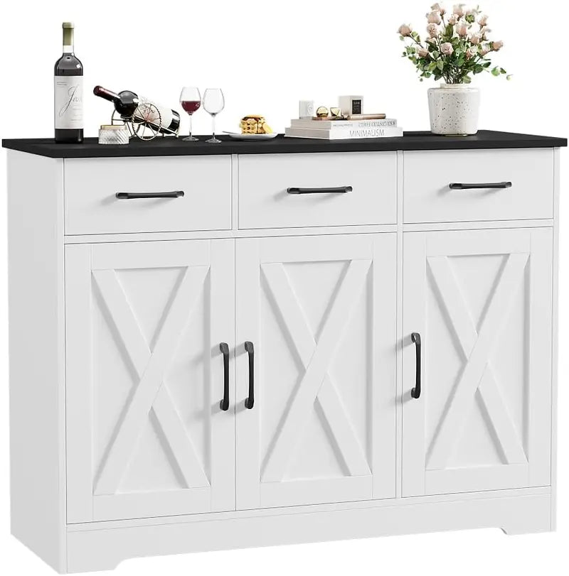 HOSTACK Farmhouse Buffet Cabinet  Barn-Door Design, Drawers & Hidden Storage