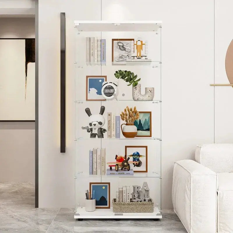 Double-Door Glass Display Cabinet  Five-Tier Shelving Unit with Tempered Glass Doors