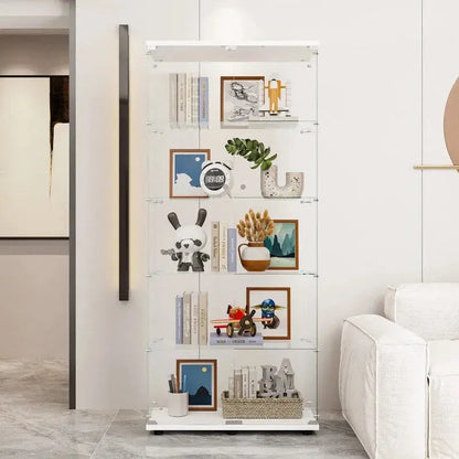 Double-Door Glass Display Cabinet  Five-Tier Shelving Unit with Tempered Glass Doors