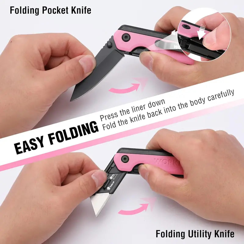WORKPRO 2-in-1 Folding Utility Knife  Quick-Change Box Cutter with G10 Handle & 10 Blades