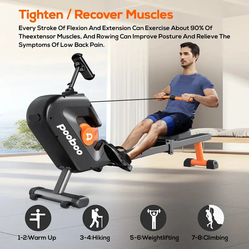 Pooboo Magnetic Rowing Machine, 8-Level Resistance, Foldable, Ergonomic Design, Supports 350 lbs, Home Exercise Equipment