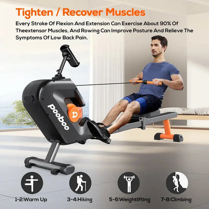 Pooboo Magnetic Rowing Machine, 8-Level Resistance, Foldable, Ergonomic Design, Supports 350 lbs, Home Exercise Equipment