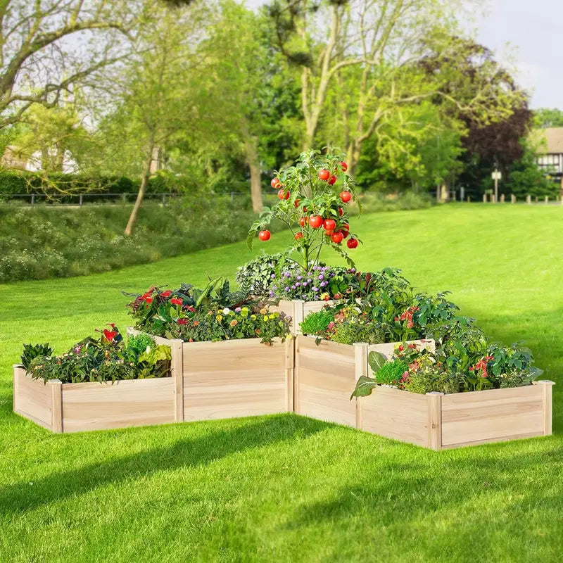 Three-Tier Cedar Garden Planter Box  28″ Deep with Drainage Holes and Pre-Assembled Base for Vegetables, Herbs, and Flowers