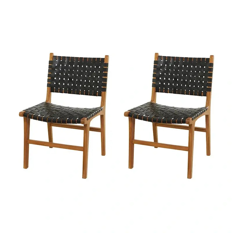 Handwoven Leather Dining Chairs with Teak Frames  Set of Two in Brown, White, or Black