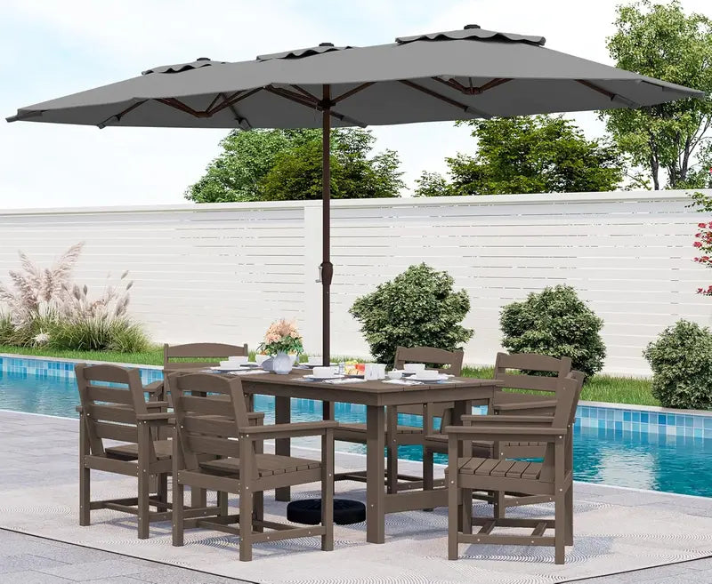 SERWALL 7-Piece Blue HDPE Outdoor Dining Set with Umbrella Hole and Stackable Chairs