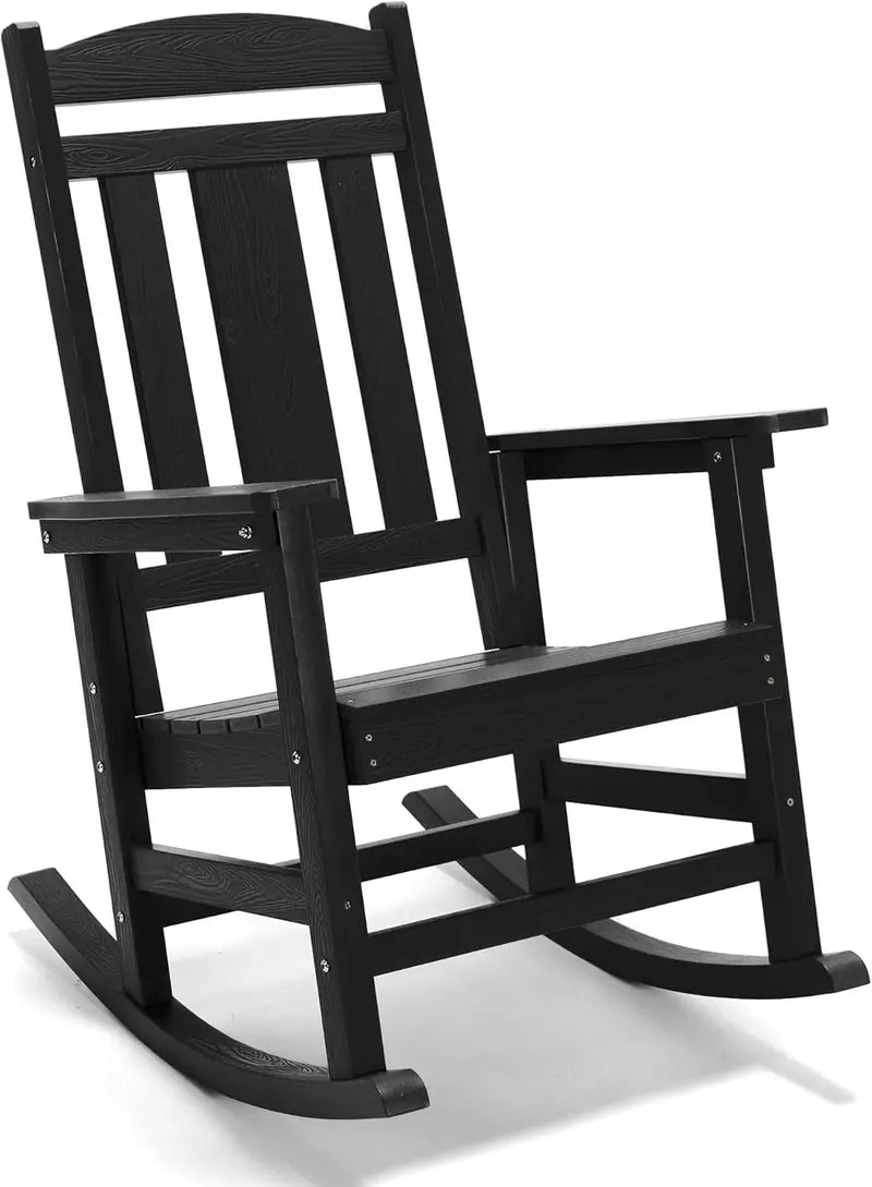 Heavy-Duty Outdoor Rocking Chair  350 lb Capacity, High-Back Poly Plastic Rocker, Smooth Rocking Motion, Indoor/Outdoor Use, Black Single Chair