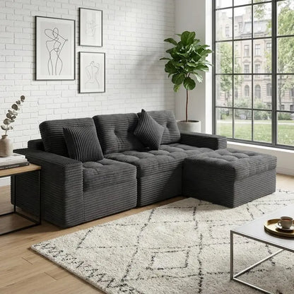 135″ Minimalist Corduroy Sectional  Compressed High-Density Foam Lounge Sofa with Anti-Slip Base