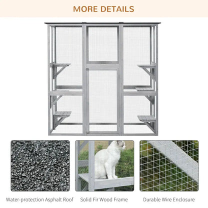 PAWHUT Large Wooden Catio Enclosure  Weatherproof Outdoor Cat Haven with Six Tiered Platforms (71″ x 38.5″ x 71″)